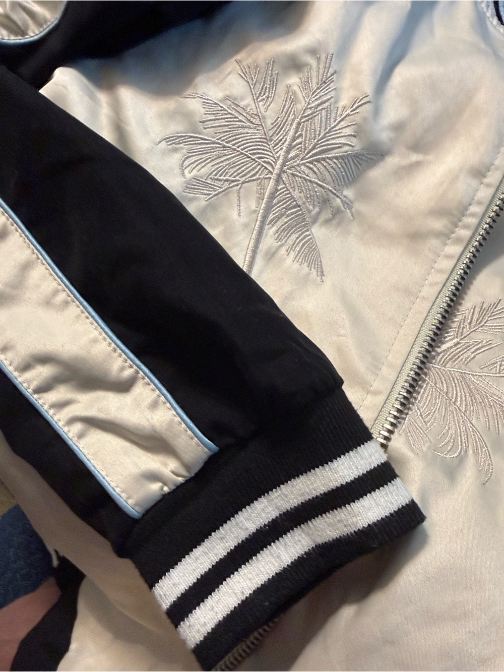 Two-Tone Satin Bomber Jacket Embroidered Palm Ave South Beach Cream Black Sz 6 - Picture 5 of 8